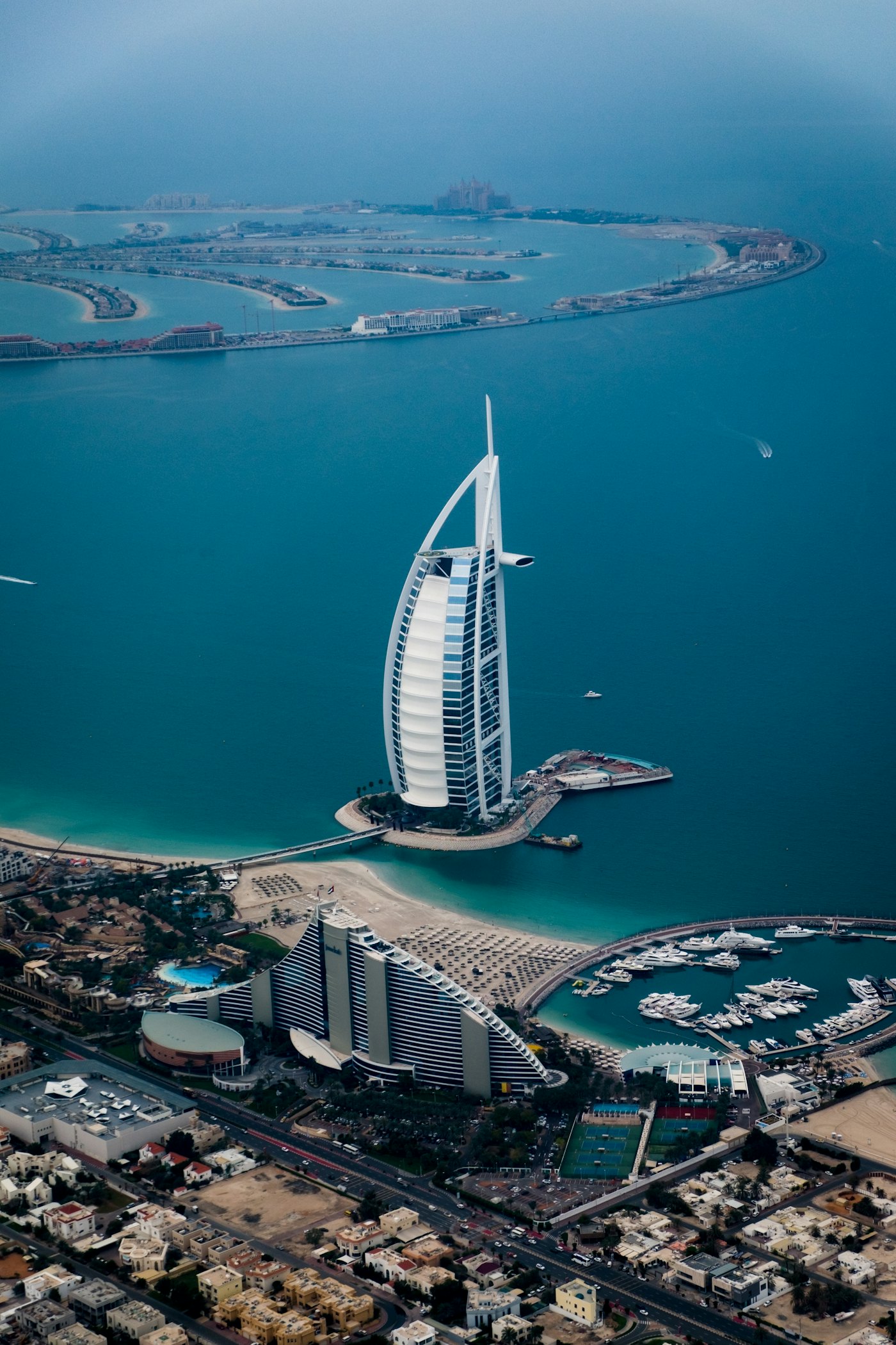 Aerial view of the Burj Al Arab and the Dubai coastline
